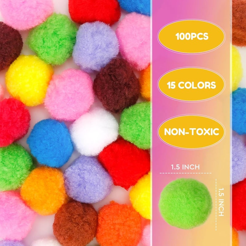 Caydo 100 Pieces 1.5 Inch Pom Poms 15 Colors Large Pompom Balls for Crafts for Kids DIY Art Creative Decoration - Image 2
